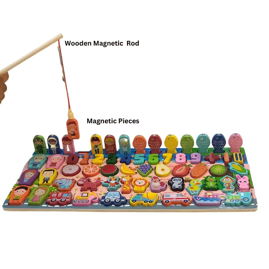 Colorful magnetic toy set with wooden magnetic rod on a yellow background
