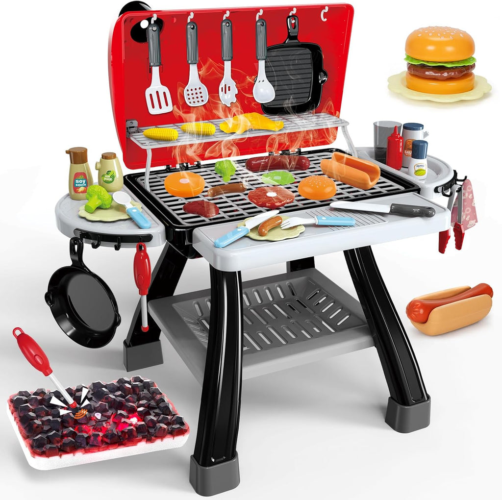 Kids BBQ Grill Kitchen Playset with Smoke, Sound & Lights | 2-Layer Barbecue Cooking Toy Set with 41 PCS Play Food | Ages 3+