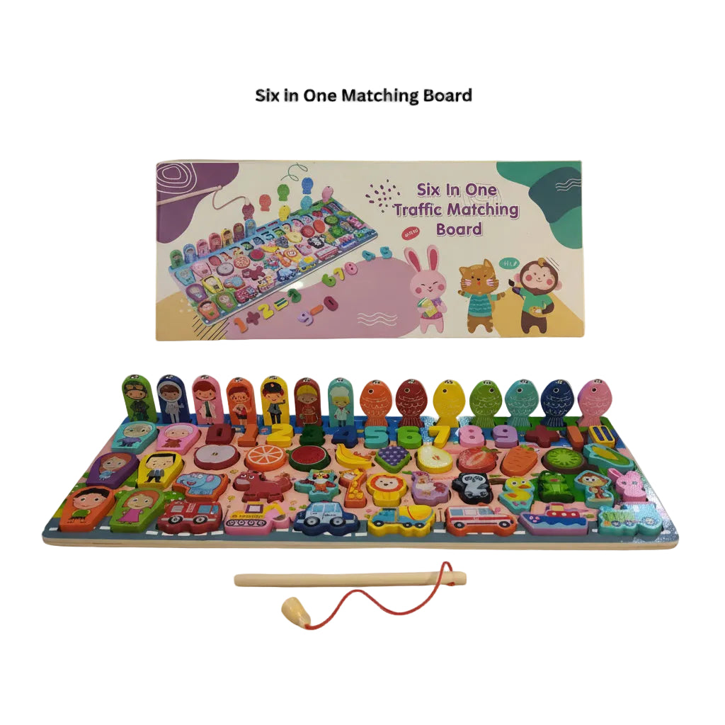 Six in One Matching Board with colorful educational toys on a yellow background