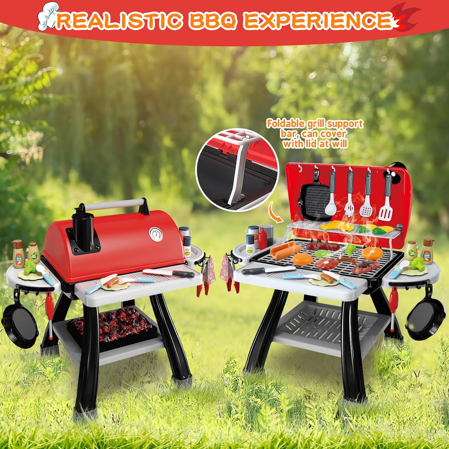 Kids BBQ Grill Kitchen Playset with Smoke, Sound & Lights | 2-Layer Barbecue Cooking Toy Set with 41 PCS Play Food | Ages 3+