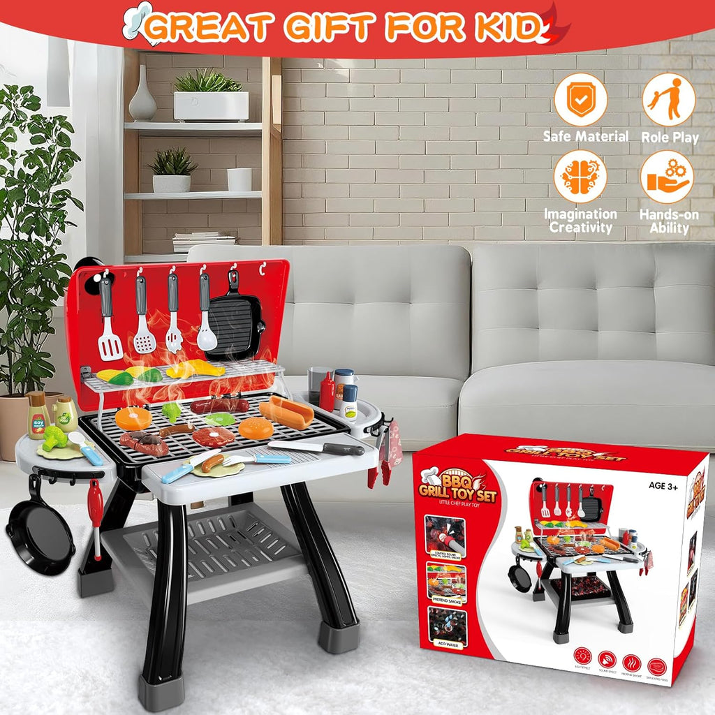 Kids BBQ Grill Kitchen Playset with Smoke, Sound & Lights | 2-Layer Barbecue Cooking Toy Set with 41 PCS Play Food | Ages 3+