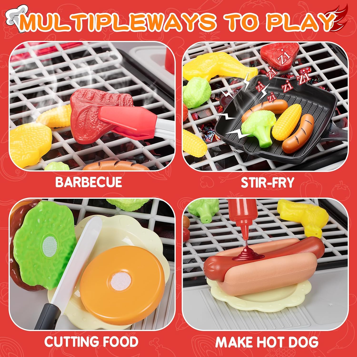 Kids BBQ Grill Kitchen Playset with Smoke, Sound & Lights | 2-Layer Barbecue Cooking Toy Set with 41 PCS Play Food | Ages 3+