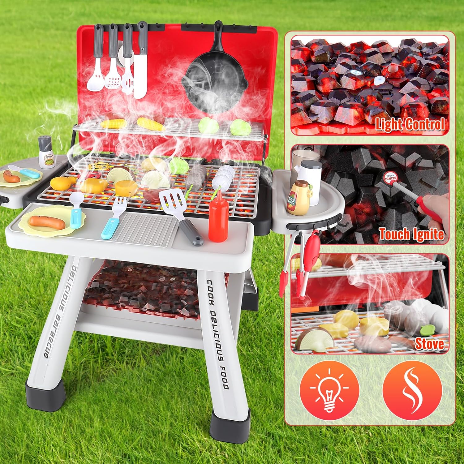 Kids BBQ Grill Kitchen Playset with Smoke, Sound & Lights | 2-Layer Barbecue Cooking Toy Set with 41 PCS Play Food | Ages 3+