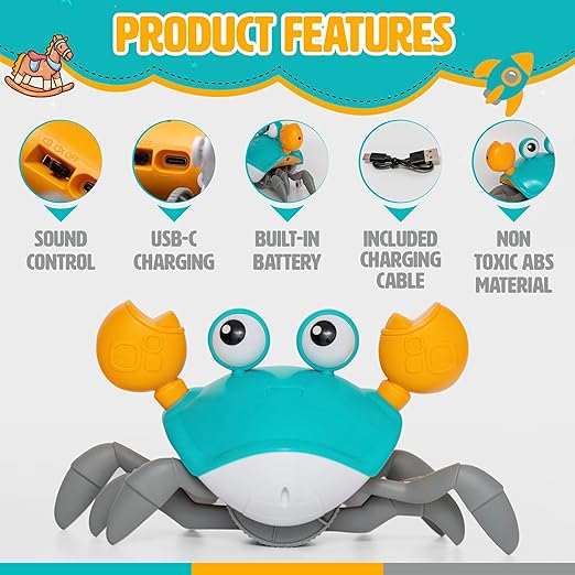Crawling Crab Interactive Toy with Music & LED Lights - Obstacle Avoidance Electric Toy for Babies & Todlers - Safe Educational Crawling Toy