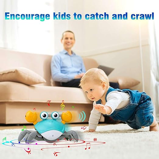 Crawling Crab Interactive Toy with Music & LED Lights - Obstacle Avoidance Electric Toy for Babies & Todlers - Safe Educational Crawling Toy