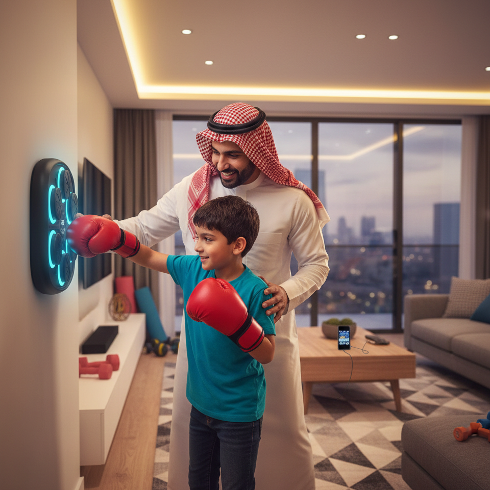 Man and child playing with Kidzilla's Intelligent Boxing Machine toy in a living room.