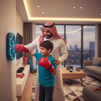 Man and child playing with Kidzilla's Intelligent Boxing Machine toy in a living room.