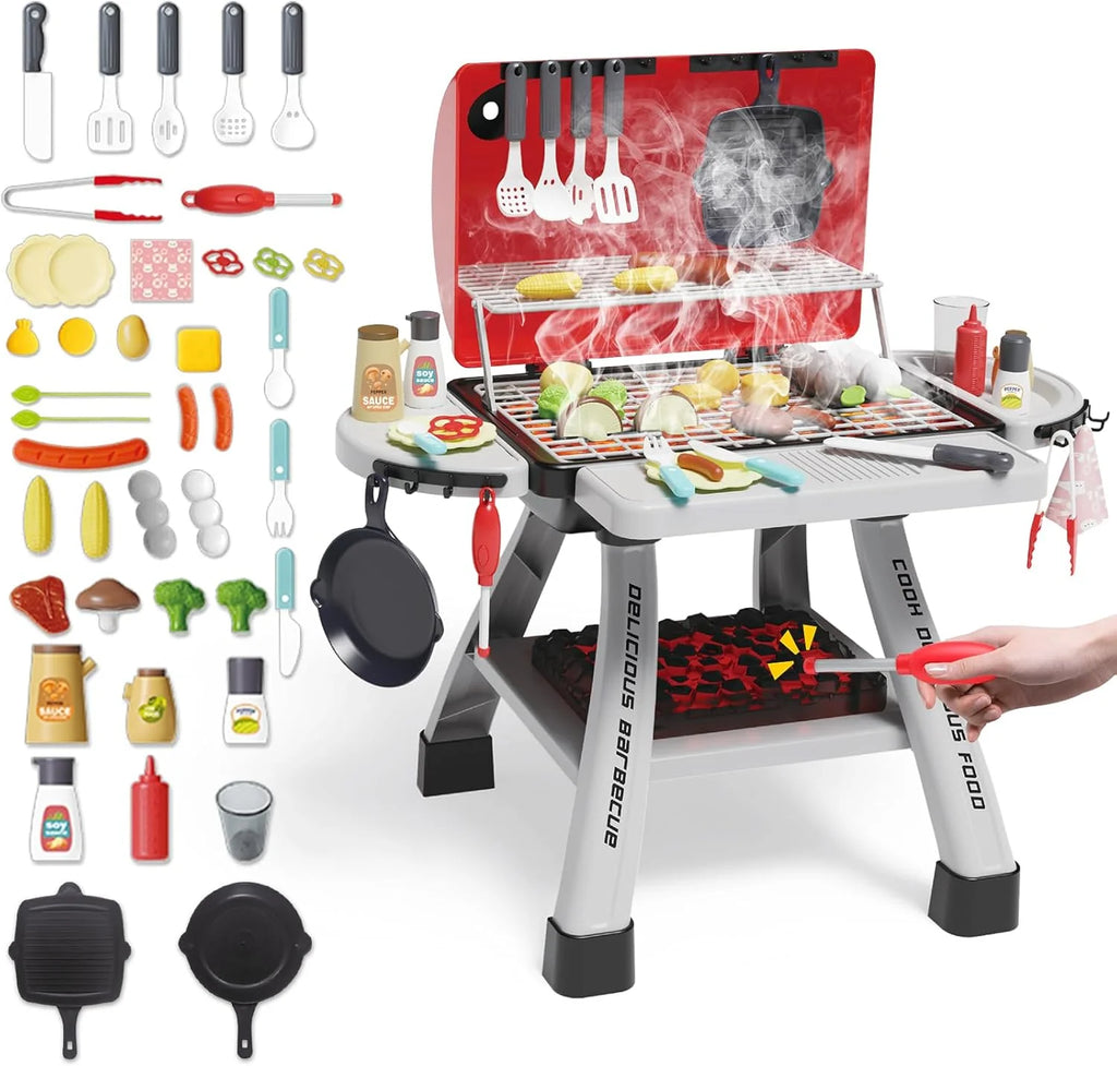 Kids BBQ Grill Kitchen Playset with Smoke, Sound & Lights | 2-Layer Barbecue Cooking Toy Set with 41 PCS Play Food | Ages 3+